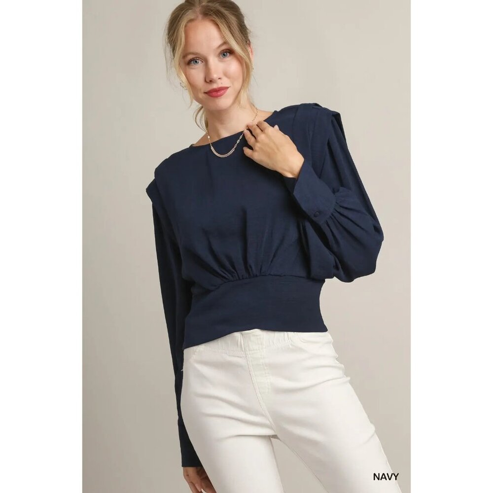 NWT Umgee Navy Solid Defined Shoulder Crepe Blouse~Long Sleeve - Picture 6 of 10